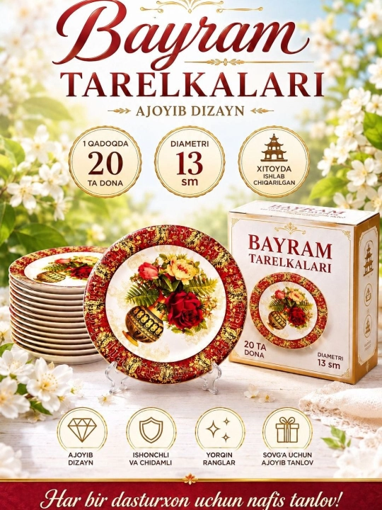 Bayram va maxsus tadbir uchun mo‘ljallangan,nafis dizaynga ega bir martalik likopcha,20 ta