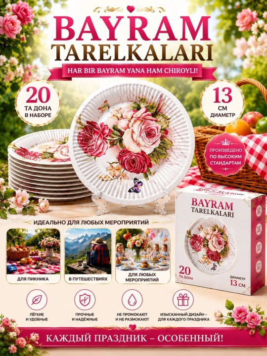 Bayram va maxsus tadbir uchun mo‘ljallangan,nafis dizaynga ega bir martalik likopcha,20 ta