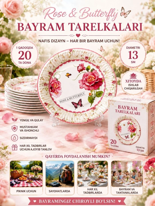 Bayram va maxsus tadbir uchun mo‘ljallangan,nafis dizaynga ega bir martalik likopcha,20 ta