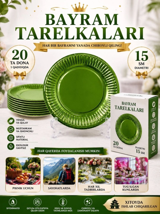 Bayram va maxsus tadbir uchun mo‘ljallangan, nafis dizaynga ega bir martalik likopcha, 20 ta