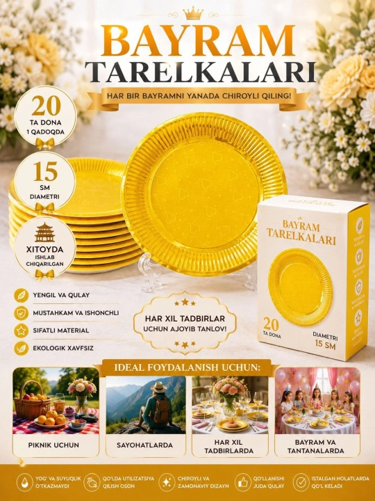 Bayram va maxsus tadbir uchun mo‘ljallangan, nafis dizaynga ega bir martalik likopcha, 20 ta