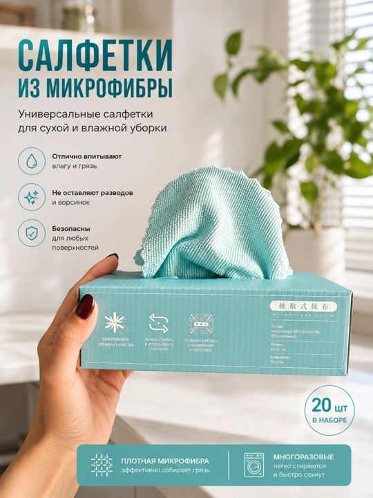 Многоразовые тряпки, 20 шт, универсальные для уборки кухни и дома - 