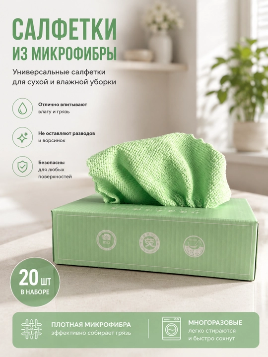 Многоразовые тряпки, 20 шт, универсальные для уборки кухни и дома - 