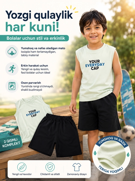 Bolalar kiyimi, yozgi futbolka va shortiklar, o‘g‘il bolalar kiyimi, bolalar uchun