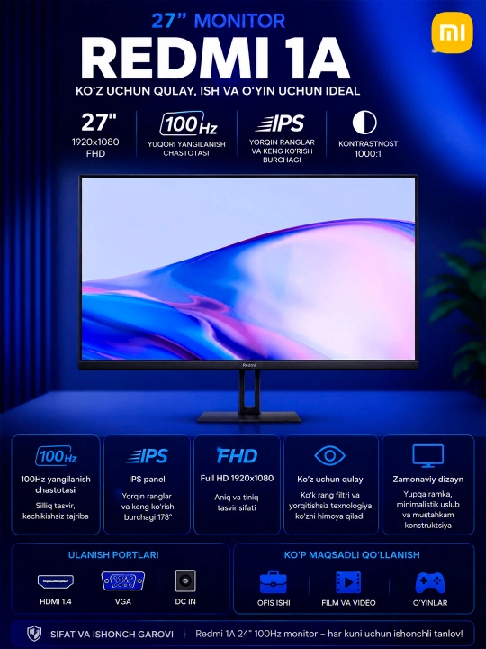 Monitor Redmi 1A,  27",24", IPS, FHD , 100Hz, office, o`qish, Ish uchun