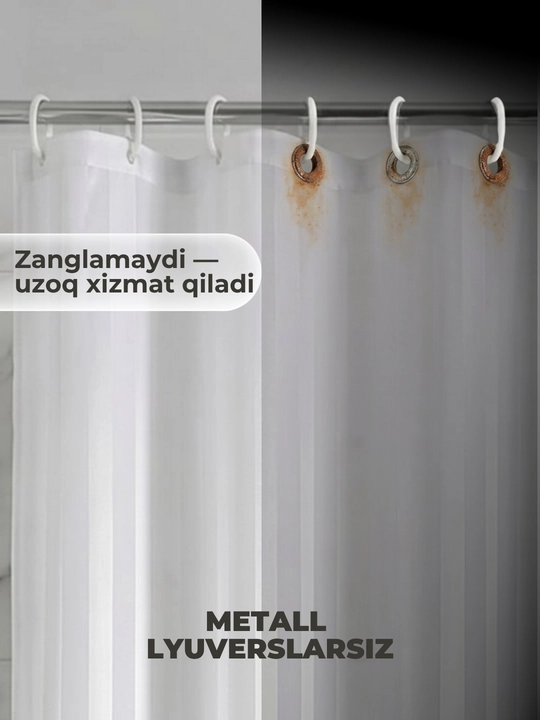 180x180 sm o‘lchamli vannaxona uchun suv o‘tkazmaydigan parda - poliester, 12 ta halqa