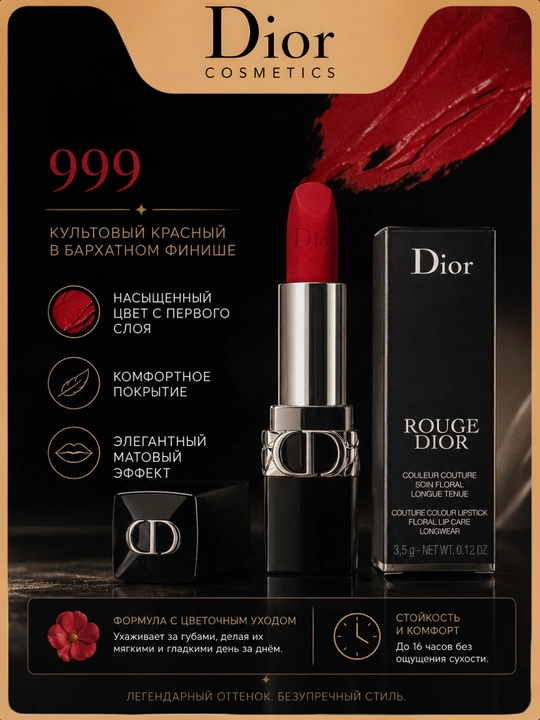 Стойкая помада Dior Rouge Dior 999 Midnight – насыщенный цвет и стойкость на весь день - 