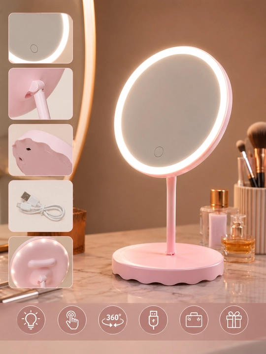 LED sensorli makiyaj oynasi USB zaryadli 3 xil yorug'likli aylanuvchi oyna