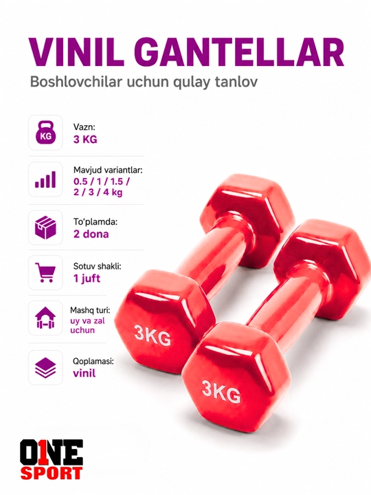 Vinil gantellar 0.5 dan 4 kg gacha (1 juft) — uy va fitness zal uchun