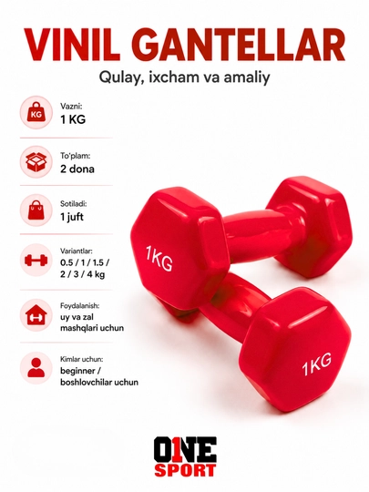 Vinil gantellar 0.5 dan 4 kg gacha (1 juft) — uy va fitness zal uchun
