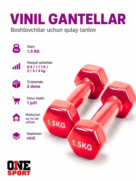 Vinil gantellar 0.5 dan 4 kg gacha (1 juft) — uy va fitness zal uchun