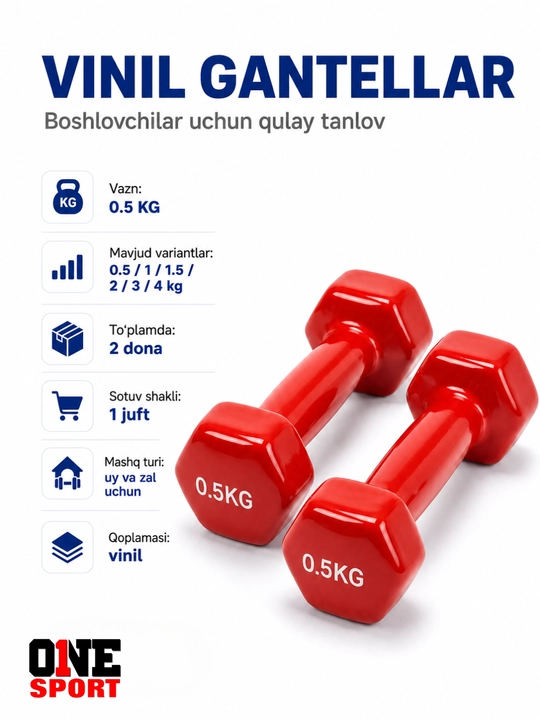 Vinil gantellar 0.5 dan 4 kg gacha (1 juft) — uy va fitness zal uchun