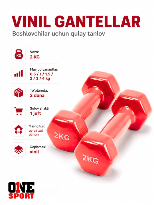 Vinil gantellar 0.5 dan 4 kg gacha (1 juft) — uy va fitness zal uchun