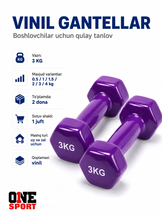 Vinil gantellar 0.5 dan 4 kg gacha (1 juft) — uy va fitness zal uchun