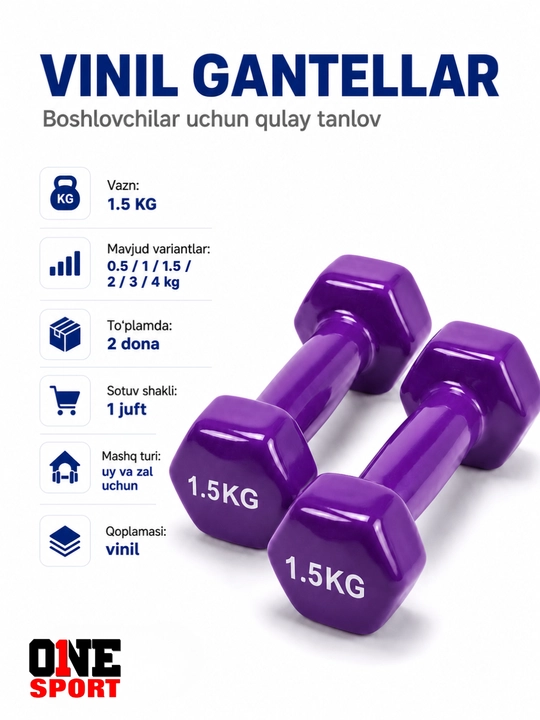 Vinil gantellar 0.5 dan 4 kg gacha (1 juft) — uy va fitness zal uchun