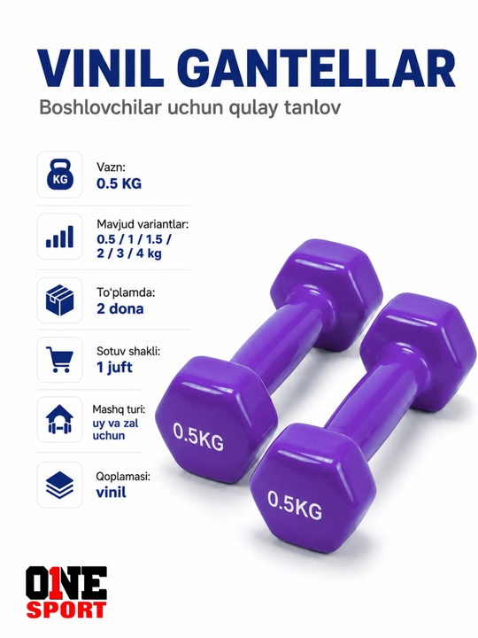 Vinil gantellar 0.5 dan 4 kg gacha (1 juft) — uy va fitness zal uchun