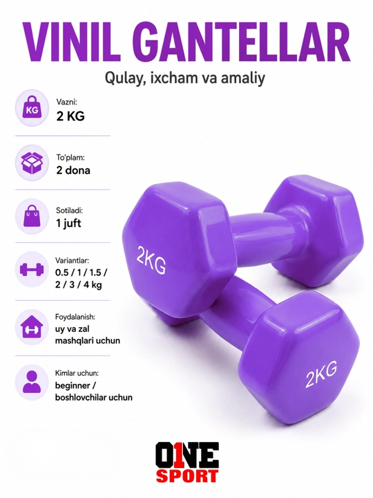 Vinil gantellar 0.5 dan 4 kg gacha (1 juft) — uy va fitness zal uchun