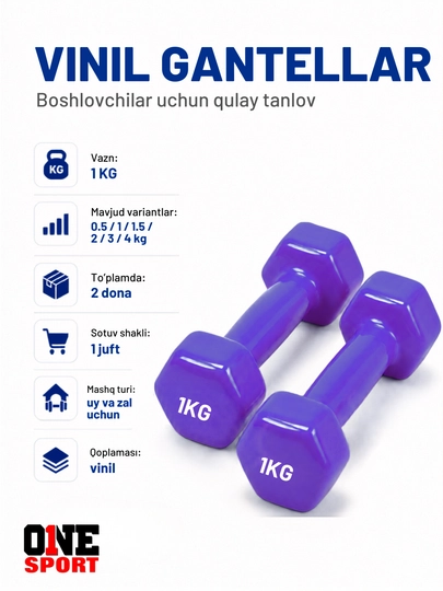 Vinil gantellar 0.5 dan 4 kg gacha (1 juft) — uy va fitness zal uchun