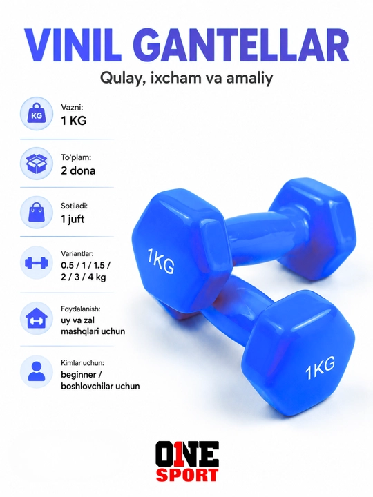 Vinil gantellar 0.5 dan 4 kg gacha (1 juft) — uy va fitness zal uchun