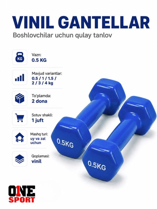 Vinil gantellar 0.5 dan 4 kg gacha (1 juft) — uy va fitness zal uchun
