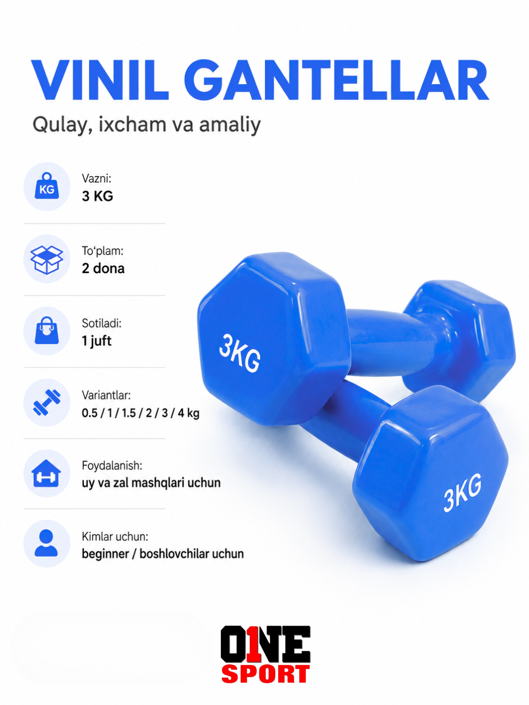 Vinil gantellar 0.5 dan 4 kg gacha (1 juft) — uy va fitness zal uchun