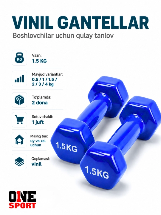 Vinil gantellar 0.5 dan 4 kg gacha (1 juft) — uy va fitness zal uchun