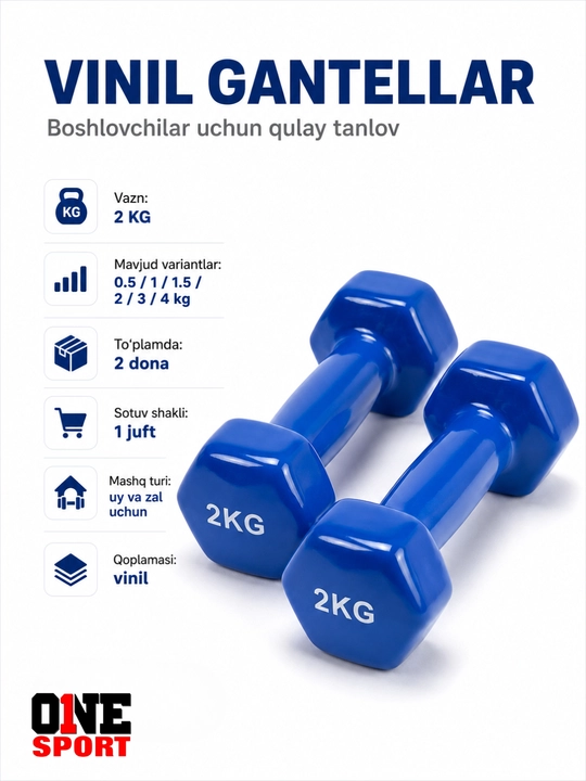 Vinil gantellar 0.5 dan 4 kg gacha (1 juft) — uy va fitness zal uchun