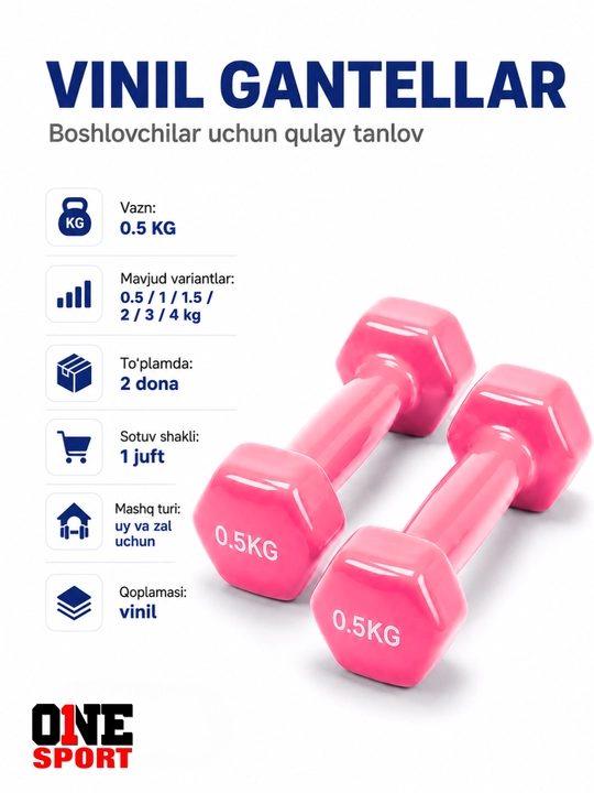Vinil gantellar 0.5 dan 4 kg gacha (1 juft) — uy va fitness zal uchun