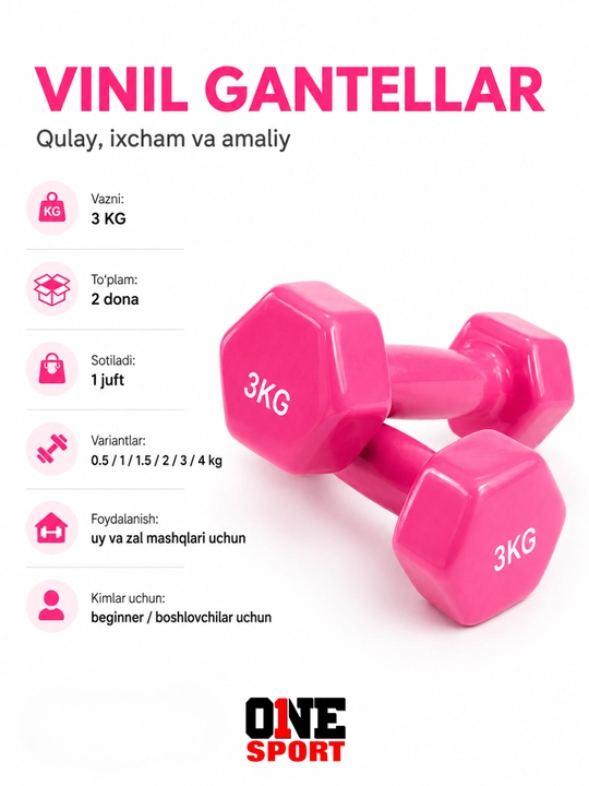 Vinil gantellar 0.5 dan 4 kg gacha (1 juft) — uy va fitness zal uchun