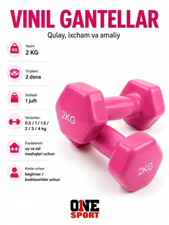 Vinil gantellar 0.5 dan 4 kg gacha (1 juft) — uy va fitness zal uchun