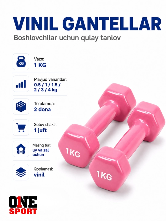 Vinil gantellar 0.5 dan 4 kg gacha (1 juft) — uy va fitness zal uchun
