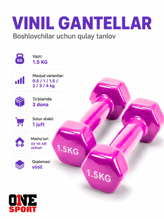 Vinil gantellar 0.5 dan 4 kg gacha (1 juft) — uy va fitness zal uchun