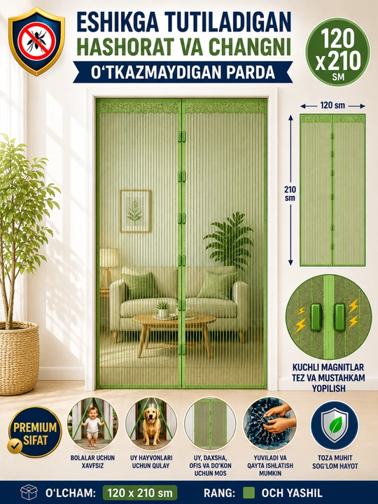 Eshik uchun moskit to‘ri, chivin, pashsha va hasharotlardan himoyalovchi magnitli pardalar - 