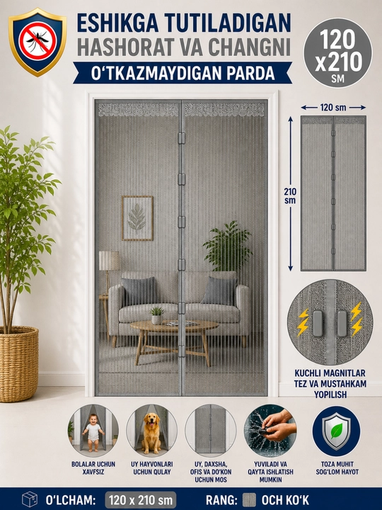 Eshik uchun moskit to‘ri, chivin, pashsha va hasharotlardan himoyalovchi magnitli pardalar - 
