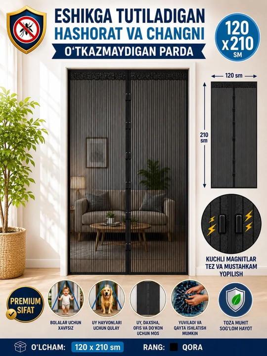 Eshik uchun moskit to‘ri, chivin, pashsha va hasharotlardan himoyalovchi magnitli pardalar - 