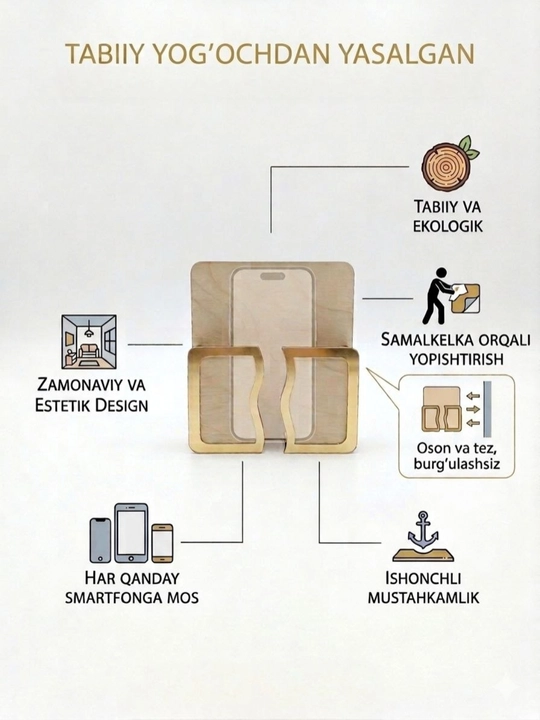 Tabiiy yog'ochdan yasalgan smartfon ushlagichi