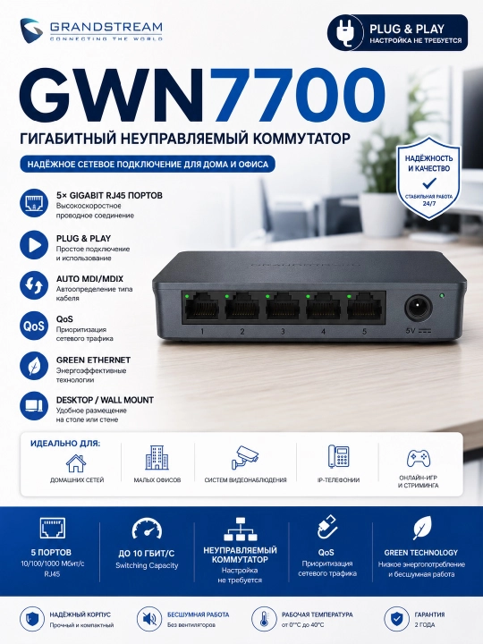 Гигабитный 5 портовый коммутатор Grandstream GWN7700 - 