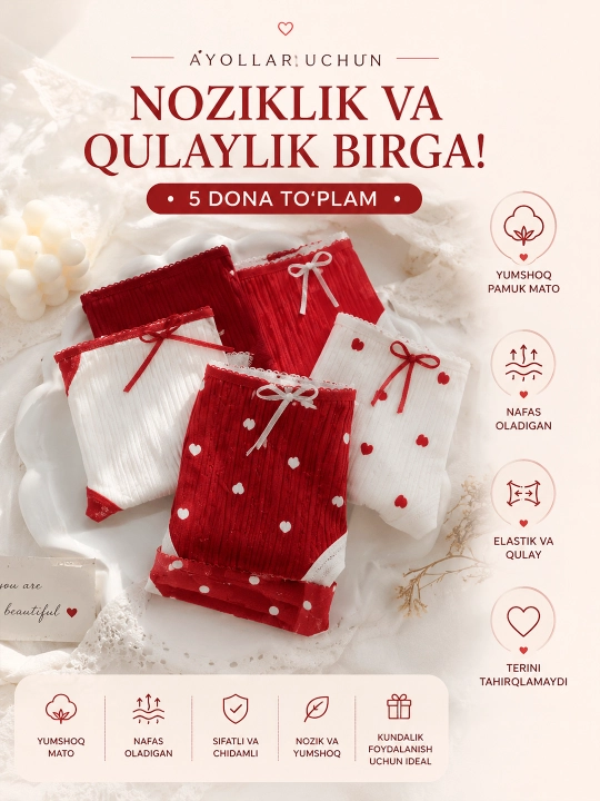 Ayollar ichki kiyimlari, trusiklar, paxta, nafis, noodatiy va chiroyli - 