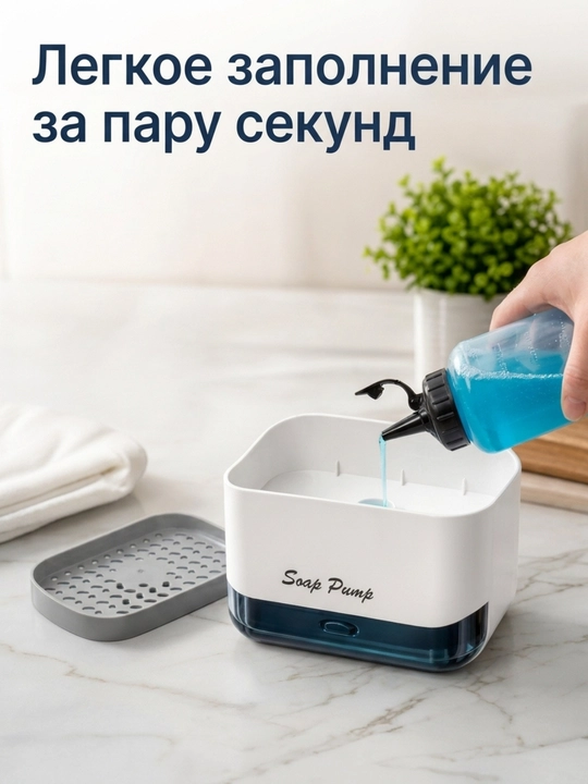 Диспенсер-дозатор для моющего средства, жидкого мыла, с губкой