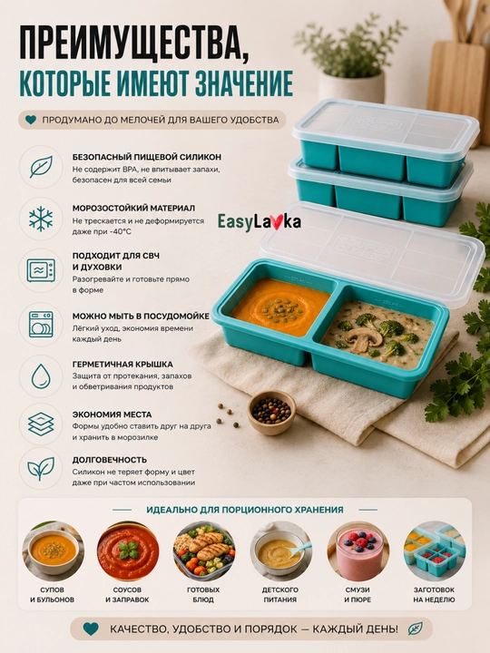 Силиконовая форма для заморозки супов и соусов , с крышкой EasyLavka