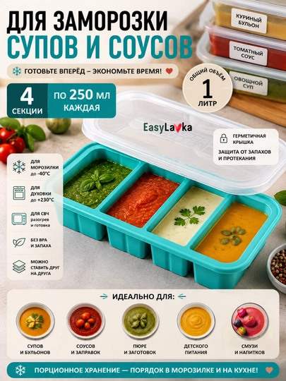 Силиконовая форма для заморозки супов и соусов , с крышкой EasyLavka - 