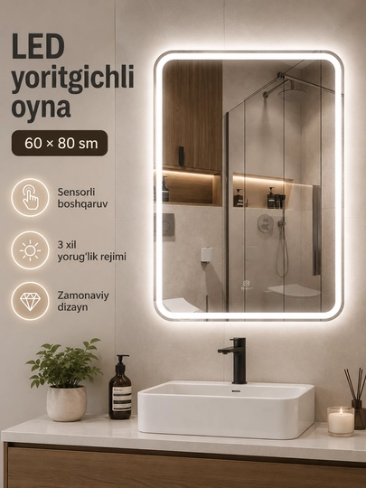 Зеркало LED для ванной, 60x80, сенсор, 3 режима света, антизапотевание часы