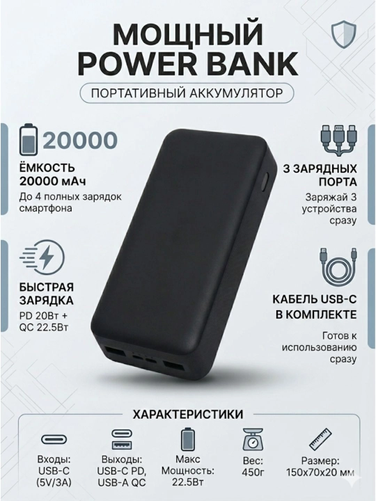 Внешний аккумулятор Redmi Power Bank 20000 мАч сочетает в себе компактный высокое качество - 