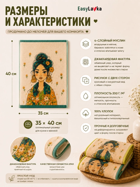 Муслиновые хлопковые полотенца 35×40 см набор 2 шт для кухни и ванной