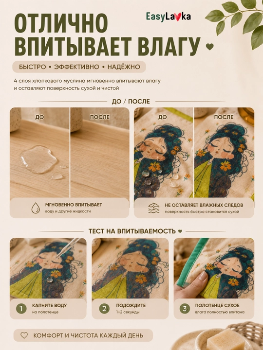 Муслиновые хлопковые полотенца 35×40 см набор 2 шт для кухни и ванной