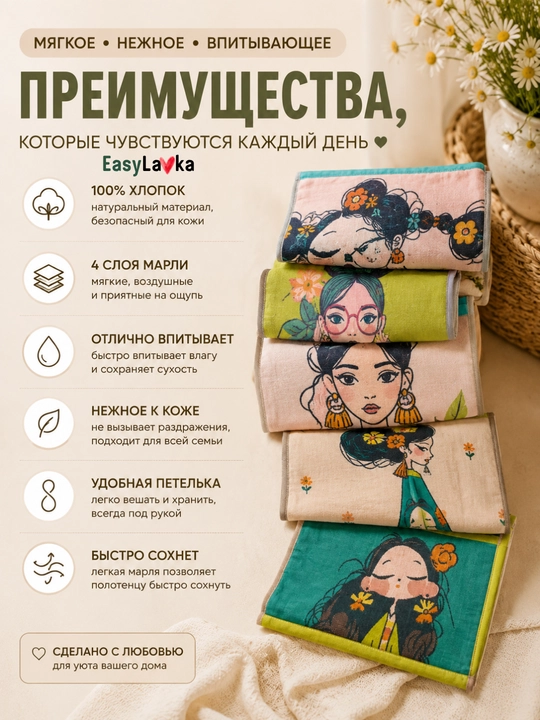 Муслиновые хлопковые полотенца 35×40 см набор 2 шт для кухни и ванной