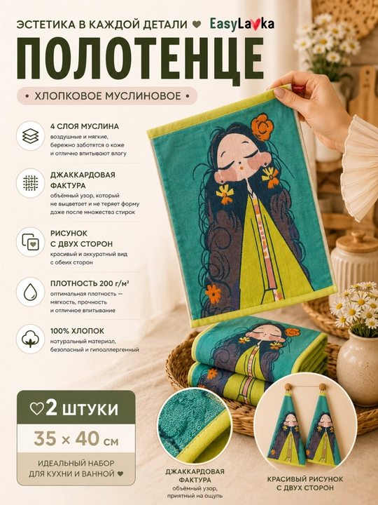 Муслиновые хлопковые полотенца 35×40 см набор 2 шт для кухни и ванной - 