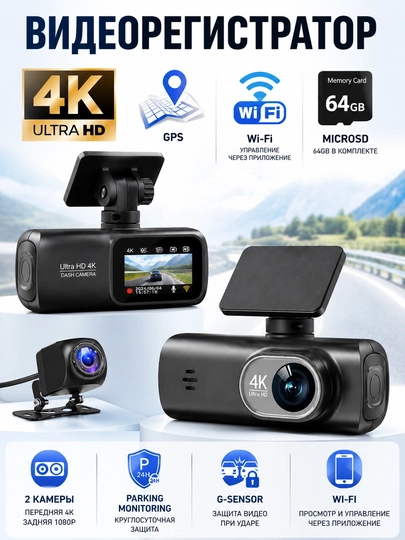 Videoregistrator 4K GPS Wi-Fi, 2 kamera, Parking Monitoring, G-Sensor, 64GB MicroSD bilan 4