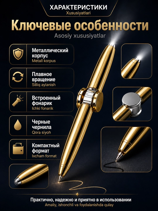 Ручка-спиннер 3 в 1 с фонариком и гироскопом — антистресс-игрушка для детей и взрослых