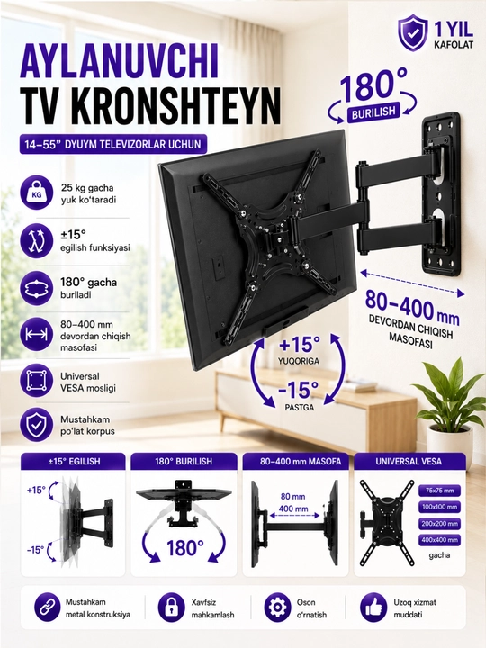 Qiya buriluvchi kronshteyn 26-55 dyuym, burilish 180°, yuk 25-35 kg - 